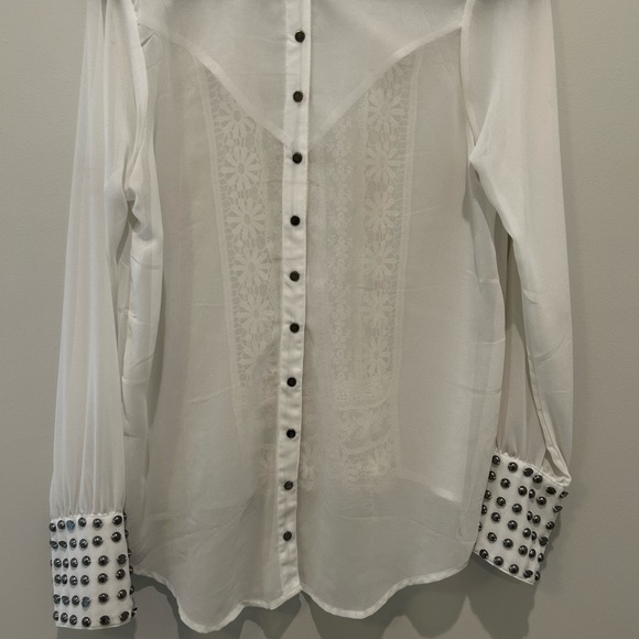 Sheer Cream Open Lace Front Blouse with Buttons Down Back Studded Wrist - Picture 2 of 3